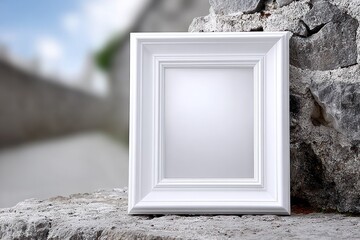 Picture Perfect: A pristine white picture frame stands on an aged stone wall with natural outdoor blurred backdrop, offering a clean, classic aesthetic for art, photos, and creative designs.
