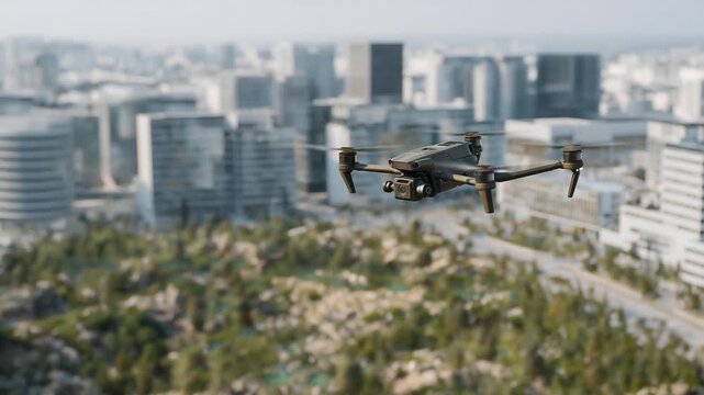 Urban planner selecting optimal locations for green projects using drone-based 3D city mapping and augmented reality overlays, representing smart city planning, sustainable urban development, and