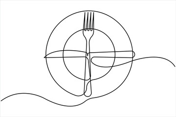 One continuous line art drawing of fork, knife and plate design. Single line art of food tools for restaurant menu, poster or banner in linear minimalist design vector illustration
