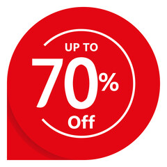 Up to 70 percent off promotional red circular badge design. Vector sticker for retail promotion, limited time offers, and super sales. Isolated PNG asset.
