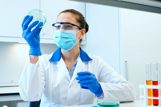 Caucasian young adult woman wearing protective mask and goggles examining petri dish in laboratory while holding test tube, conducting scientific research in clinical environment - Powered by Adobe