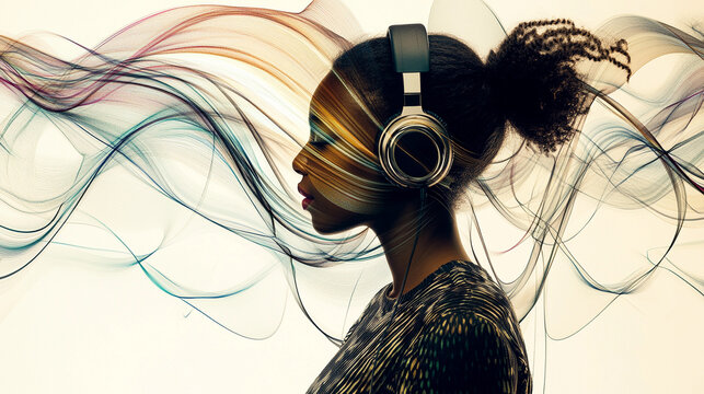 Profile of a woman enjoying music with headphones on Generative AI