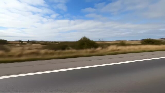 A road stretches alongside a grassy field beneath a cloudy sky, with some bushes scattered