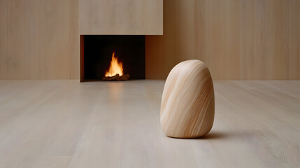 Modern interior with sleek marble fireplace and warm beige tones, featuring natural textures and minimalist design