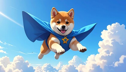 Shiba Inu puppy soaring in the sky, wearing a blue cape and smiling against a bright blue sky and fluffy clouds