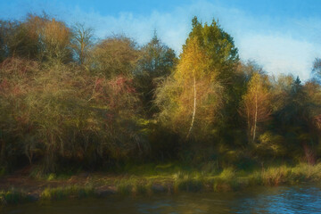 Digital oil painting capturing autumn tree and leaf colours along the Leek branch of the Caldon canal in Staffordshire.