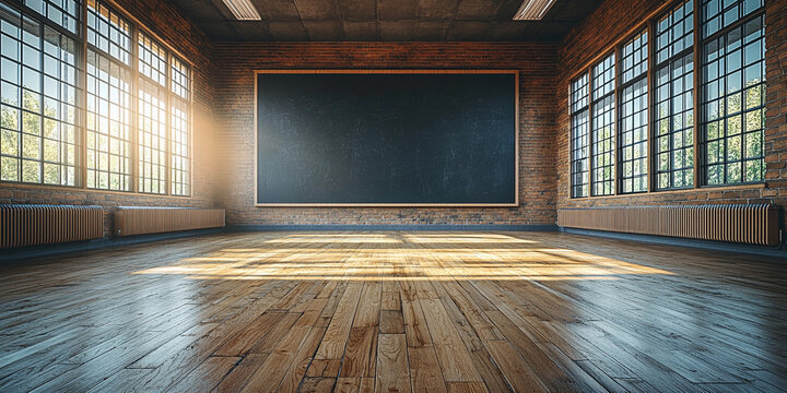 Bright empty classroom with large blackboard and windows Generative AI - Powered by Adobe