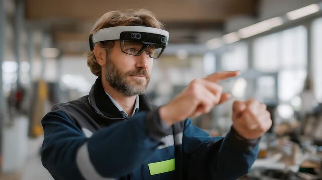 Worker practicing repair operations in digital mixed-reality simulator, emotion of motivation visible, representing immersive learning environments, safety enhancement, and industrial skill