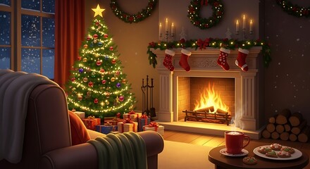 Cozy christmas scene with christmas tree fireplace gifts and hot chocolate perfect for holiday cheer and warmth