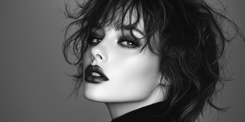 Naklejka premium Female model poses in black and white profile view Generative AI