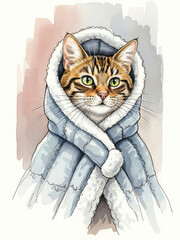 Watercolor Painting of Tabby Cat in Fur-Trimmed Coat