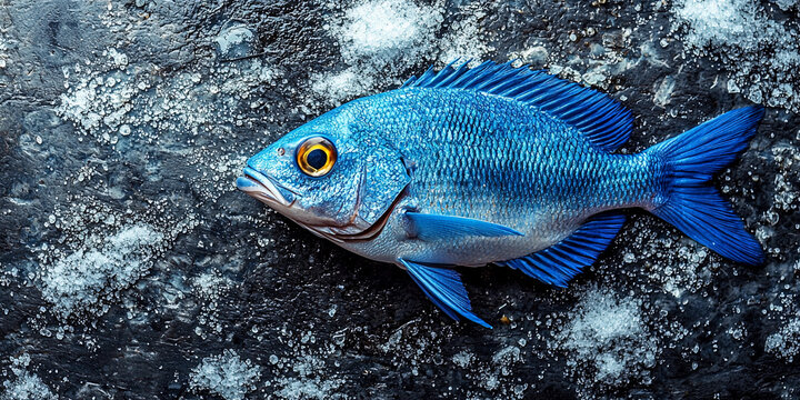 Fresh blue Pomatomus saltatrix fish on ice in market Generative AI