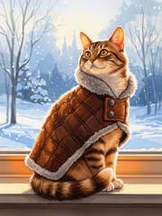 Tabby Cat Wearing Coat on Windowsill with Winter Background