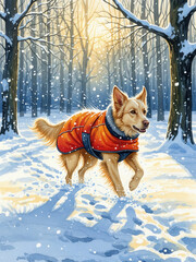 Dog in Orange Coat Walking Through Snowy Forest