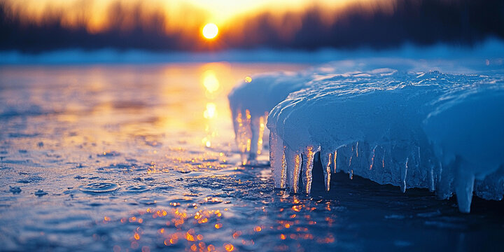 Melting ice with water drops at sunset in winter landscape Generative AI