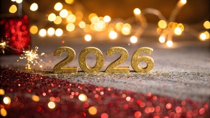 Gold 2026 numbers with red glitter and festive bokeh lights new year celebration