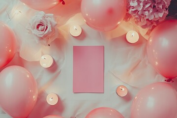 Festive banner template with balloons, candles, and a blank greeting card