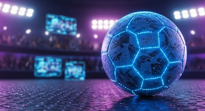 A futuristic soccer ball illuminated with neon blue lights sits on a wet surface in a stadium arena