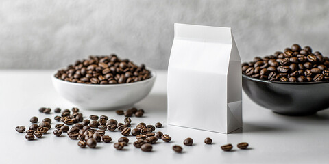 White paper bag surrounded by coffee beans on a clean surface Generative AI