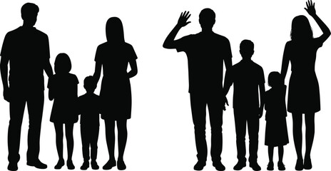 Black silhouette of happy family with two children standing together and waving hello, isolated on white background, vector illustration