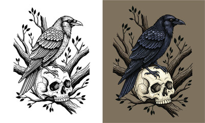 Vintage Engraving Raven Crow on Skull and Branches Graphic