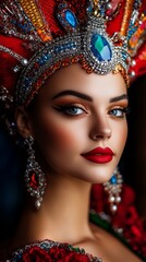 Fototapeta premium Woman posing gracefully wears ornate red headdress adorned with jewels, complementing her red lipstick and eye makeup.