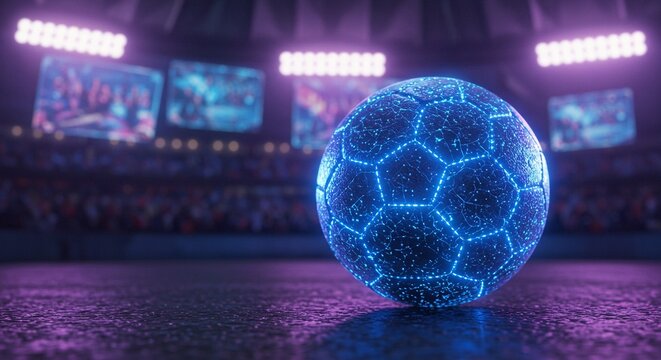 A glowing blue soccer ball sits on a polished surface in a stadium filled with spectators and bright lights - Powered by Adobe