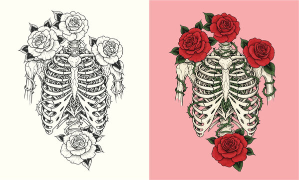 Vintage Engraving Skeleton Rib Cage with Roses Graphic