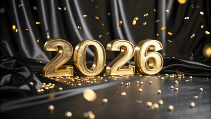 Golden 2026 numbers with confetti on black satin fabric background new year