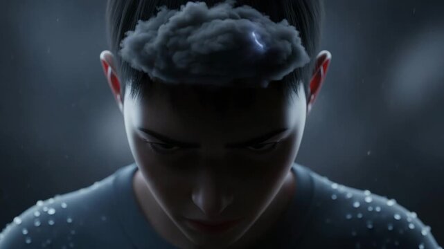 Stressed young person with storm cloud and lightning above head symbolizing mental struggle on dark background