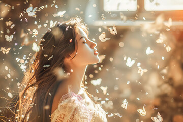 Composite artwork collage image picture of minded girl flying insects inside headisolated on creative background