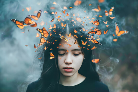 Luxury young woman with butterflies on her head. Beautiful stylish trendy girl.