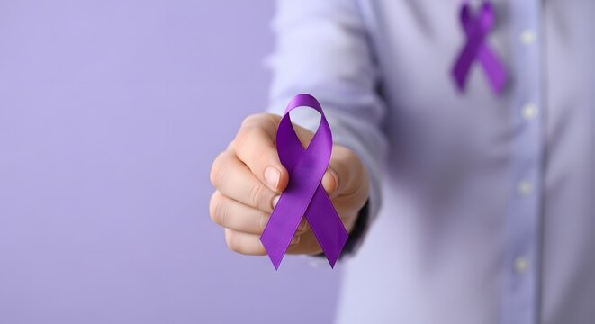 Person holding purple ribbon for awareness campaign support - Powered by Adobe