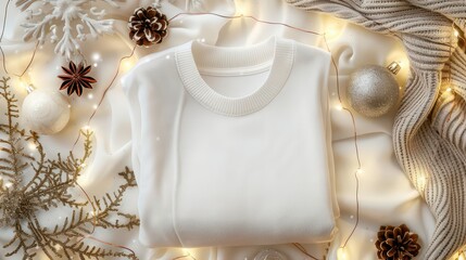 Cozy winter sweater mockup for christmas and new year themed design concepts. Flat lay. Template for a clothing store, shopping center, mall. Horizontal banner. Copy space. Top view