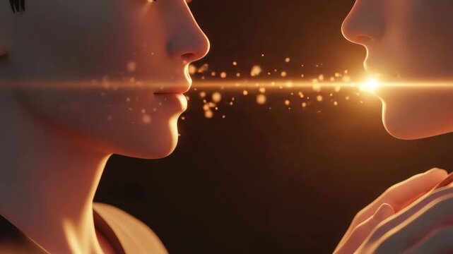 Two abstract human faces sharing glowing energy beam, intimate futuristic connection on dark background