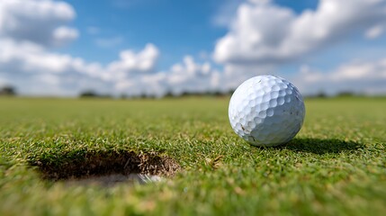 Obraz premium A golf ball resting near the hole on a vibrant green course