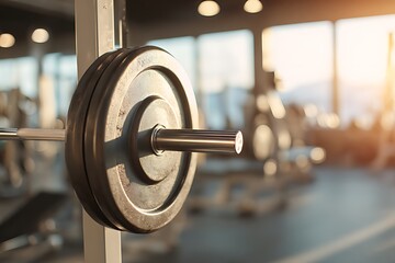 Close up of a barbell with weight plates in a modern gym setting