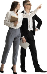 Business partners pointing forward with optimistic expressions on transparent background. Concept of future planning, leadership visuals, teamwork direction and positive business messaging.