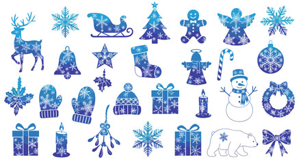 Collection of christmas themed objects in blue with snowflake patterns