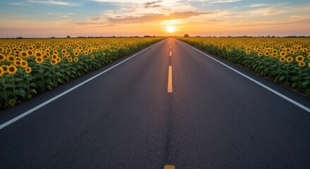 Naklejka premium Sunset road through a sunflower field. A paved road stretches into a vast field of sunflowers at sunset.