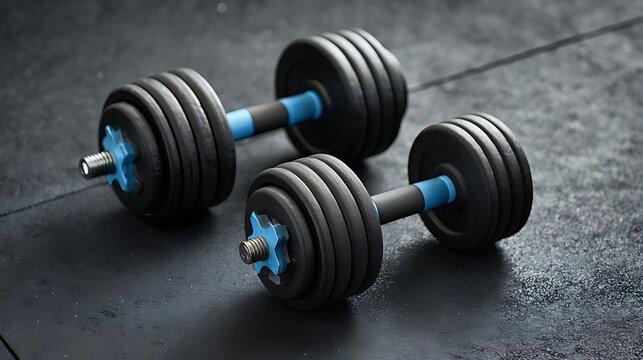Black and blue adjustable dumbbells resting on a dark textured gym floor - Powered by Adobe