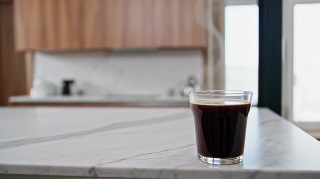 Glass of dark liquid on marble counter in bright kitchen with blurred background
