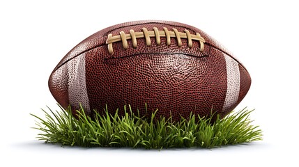 An american football resting on vibrant green grass isolated studio shot