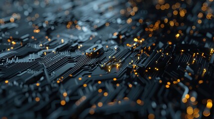 Obraz premium Futuristic Circuit Board with Glowing Particles: Sleek High-Tech Visual with Golden Bokeh & Intricate Tech Patterns – Premium Background for Tech Branding/Innovation Presentations