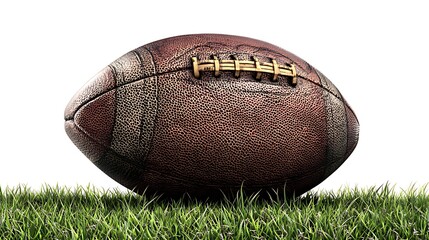 A classic brown american football rests on a vibrant green grass surface