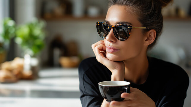 Woman in oversized sunglasses sipping black coffee at kitchen counter, pale morning light, slow recovery mood, with copy space - Powered by Adobe