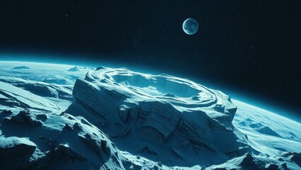 A view of a snowy landscape with a moon in the background