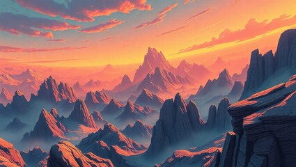 A painting of a mountain landscape with a sunset in the background