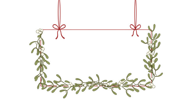 Hanging mistletoe frame with red ribbons on a white background design