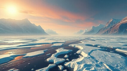 A view of a frozen lake with mountains in the background